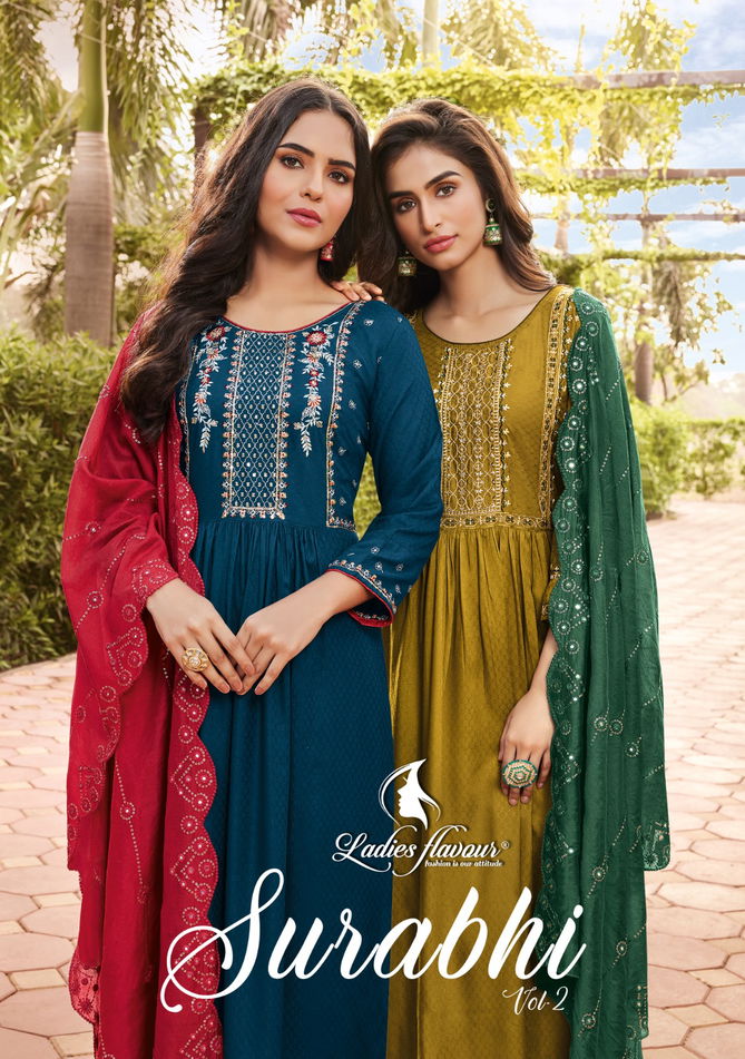 Surabhi Vol 2 By Ladies Flavour Rayon Kurti With Bottom Dupatta Catalog
